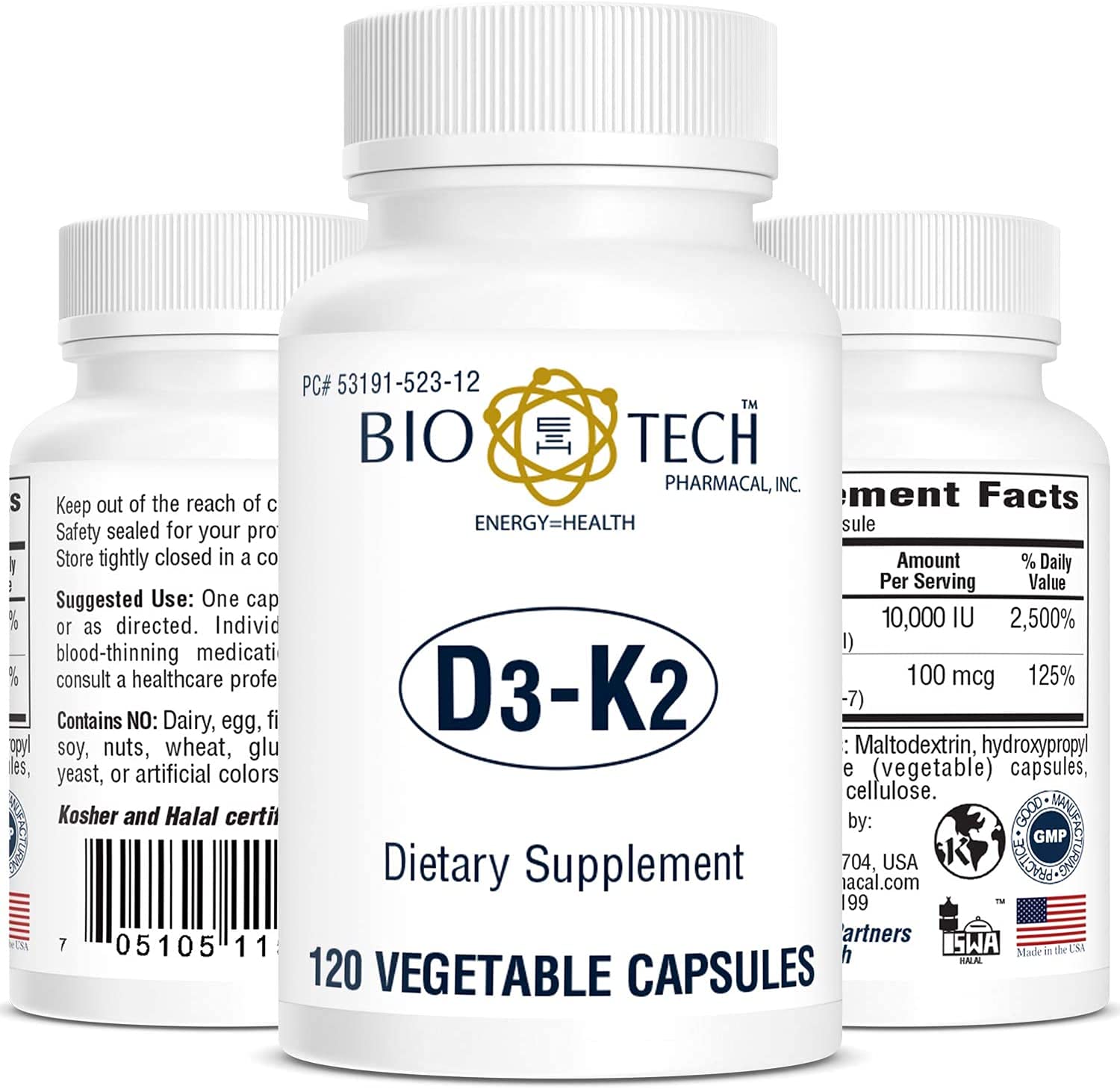 Bio-Tech D3-K2 120 Vegcaps bottle on white background