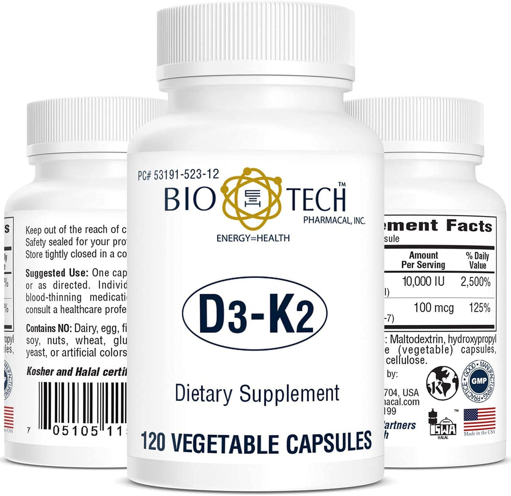Bio-Tech D3-K2 120 Vegcaps bottle on white background