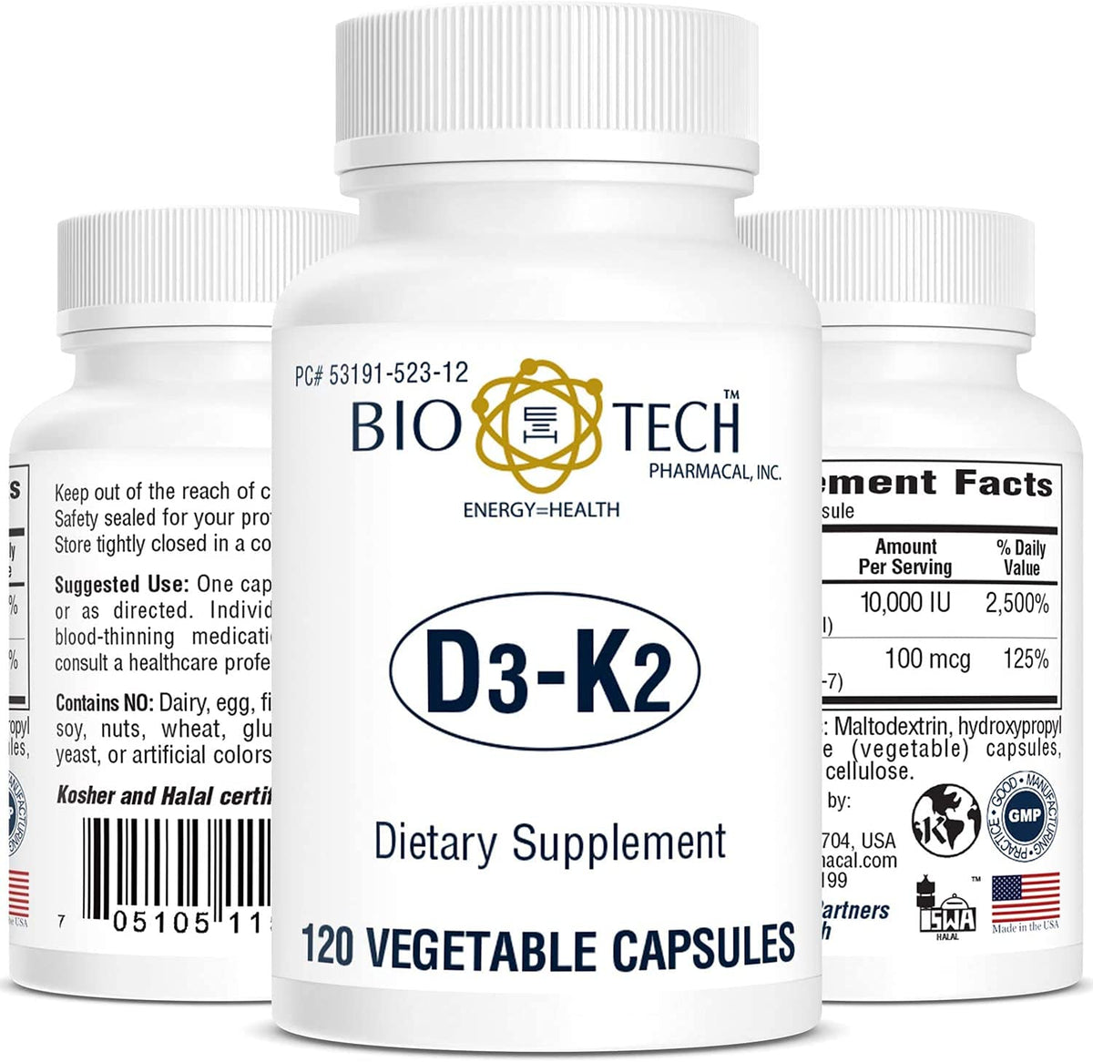 Bio-Tech D3-K2 120 Vegcaps bottle on white background