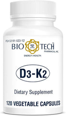 Front view of Bio-Tech D3-K2 120 Vegcaps bottle