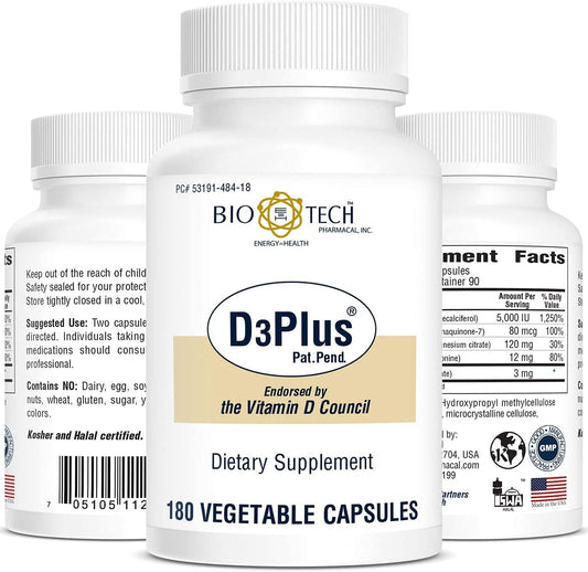 D3Plus capsules close-up with bottle