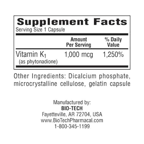 Close-up of Bio-Tech K1-1000 bottle showing 1000 mcg