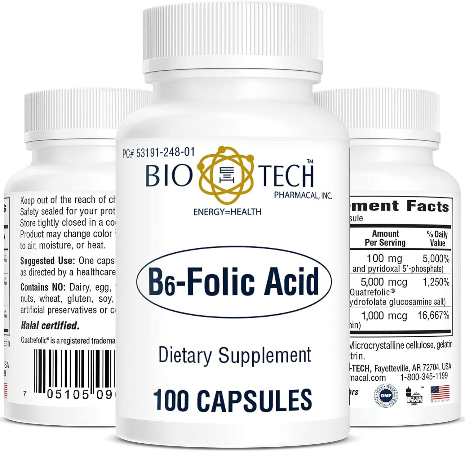 Bio-Tech Pharmacal B6-Folic Acid bottle label - 100 capsules