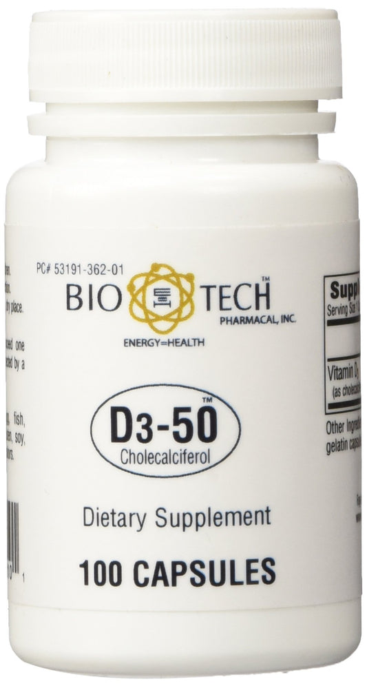 Bottle of BioTech D3-50 50,000 IU 100 capsules