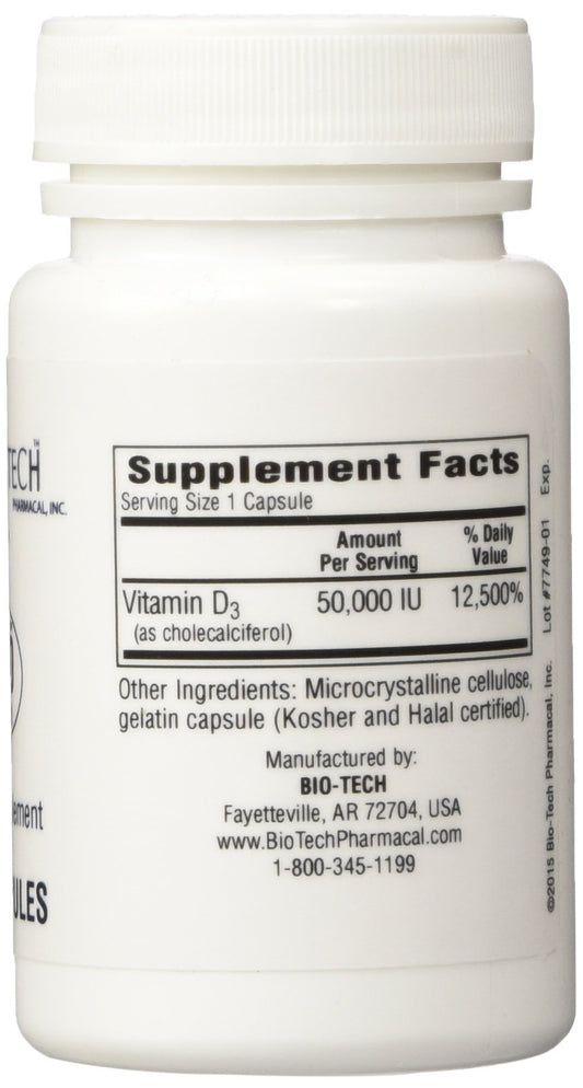 Close-up of BioTech D3-50 bottle label