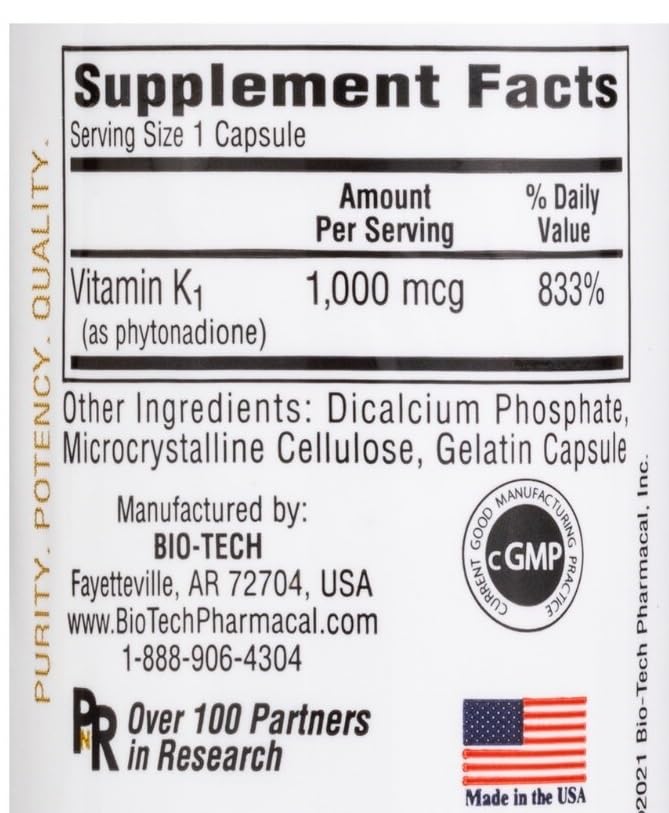 Bio-Tech Pharmacal K1-1000 Vitamin K1 100 Capsules bottle back label - directions and ingredients
