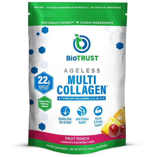 Bottle and scoop of BioTrust Ageless Multi Collagen Powder in Fruit Punch flavor