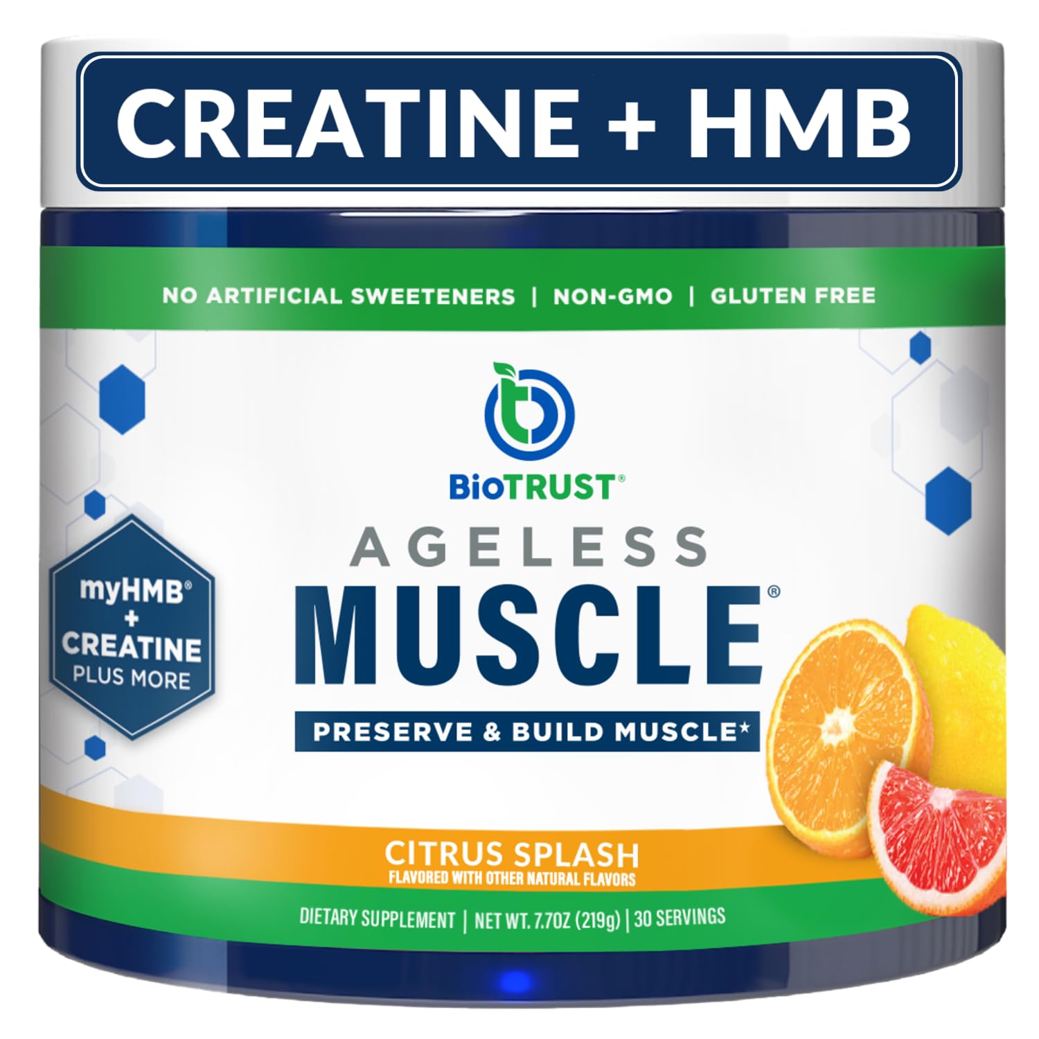 Canister of BioTrust Ageless Muscle Builder Citrus Splash flavor