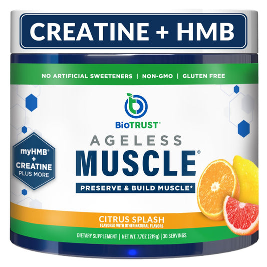 Canister of BioTrust Ageless Muscle Builder Citrus Splash flavor