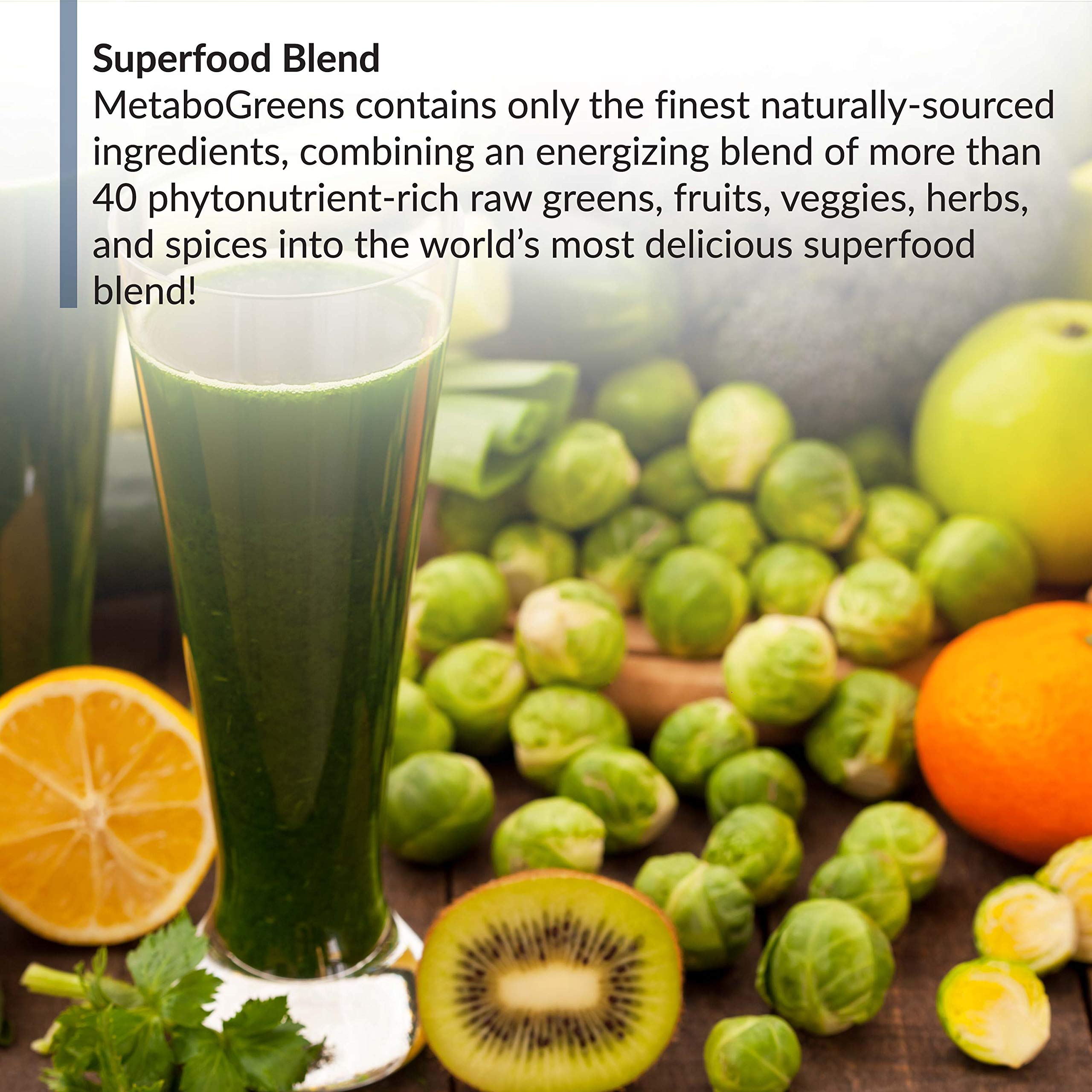 Assorted greens, fruits and vegetables used in Metabo Greens blend