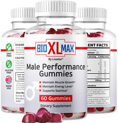 Close-up shot of Bio XL Max Gummies bottle with two packs stacked