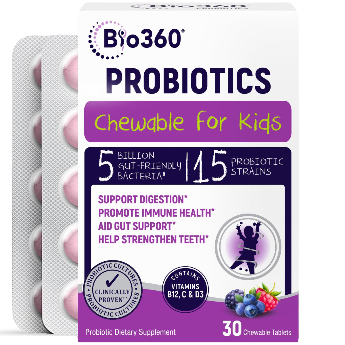 Bottle of Bio360 Kids Probiotics with mixed berry chews, 30 count