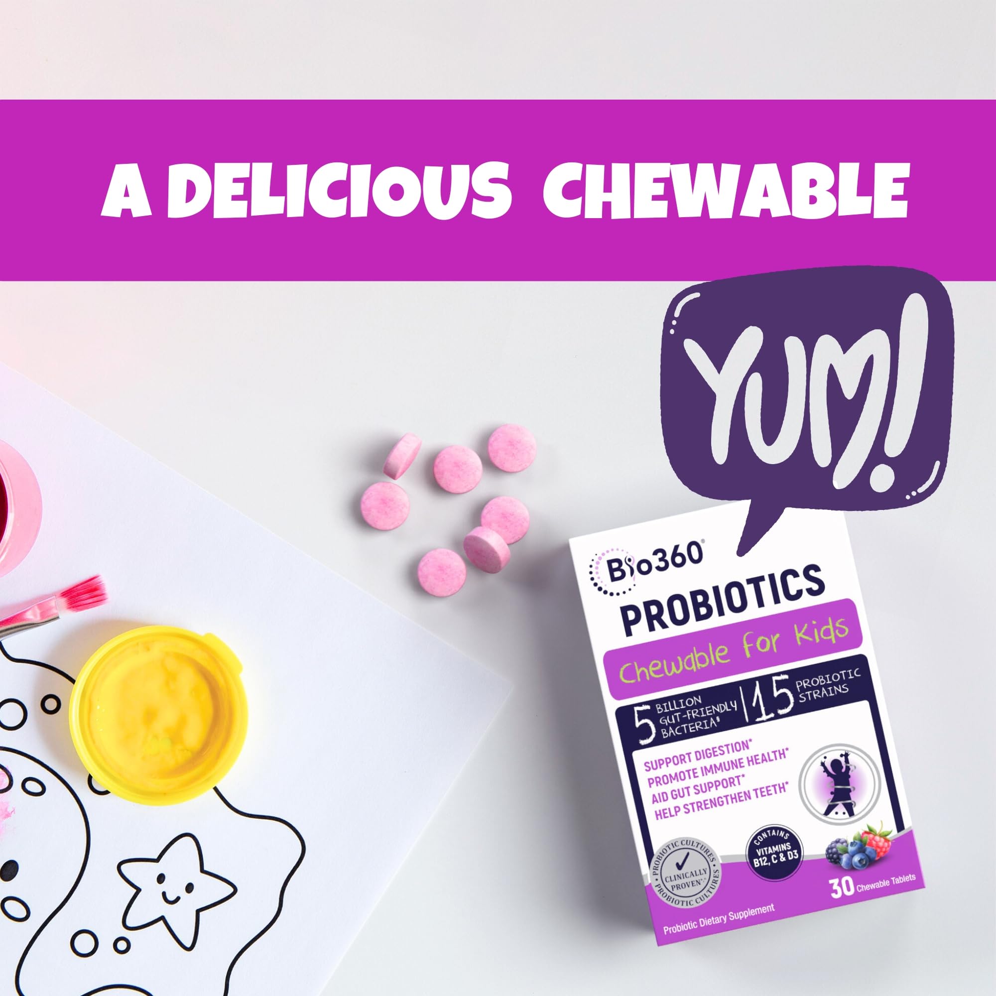 Product label highlighting 15 strains and 5B CFU per serving