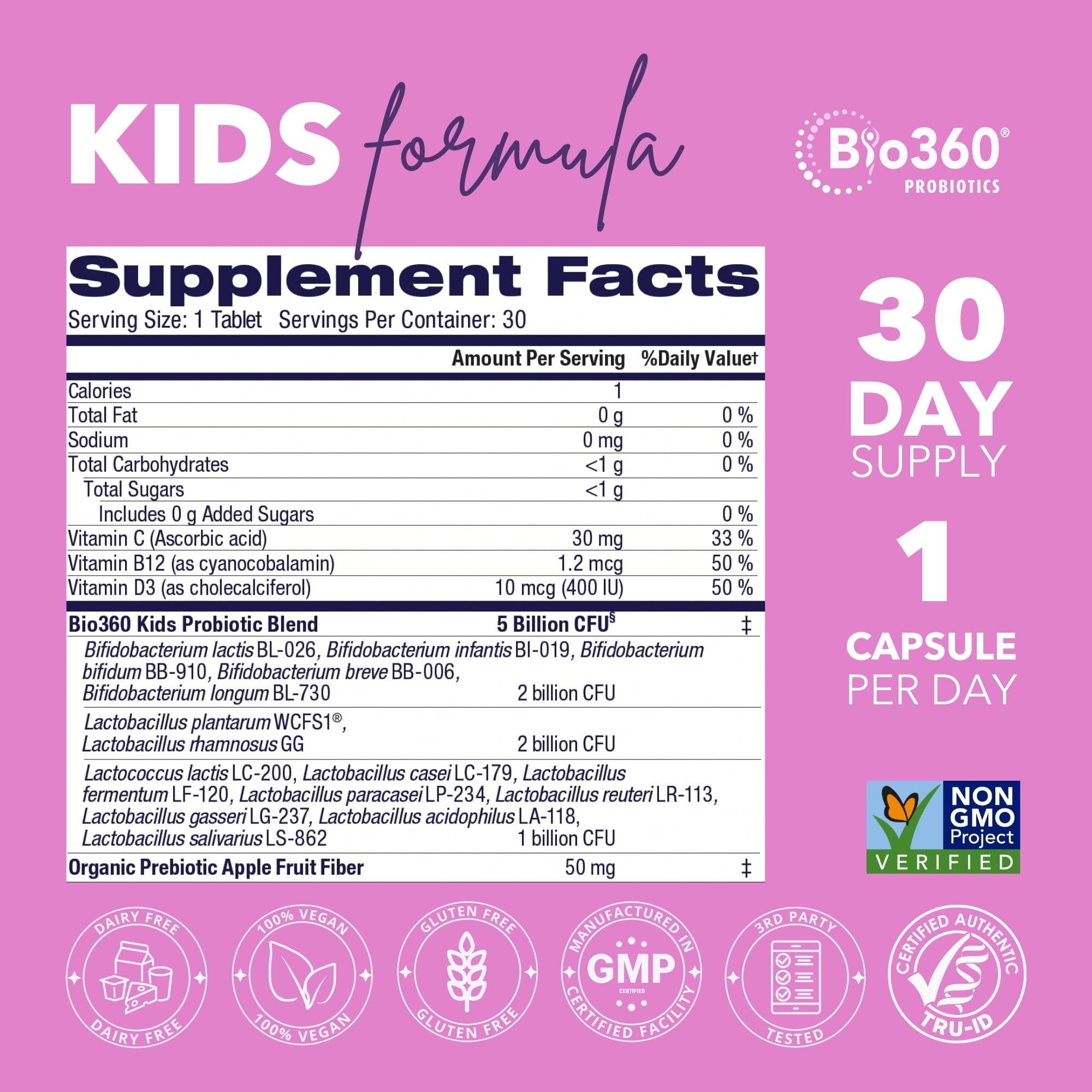 Organic prebiotics and probiotic ingredients label for Bio360 Kids Probiotics