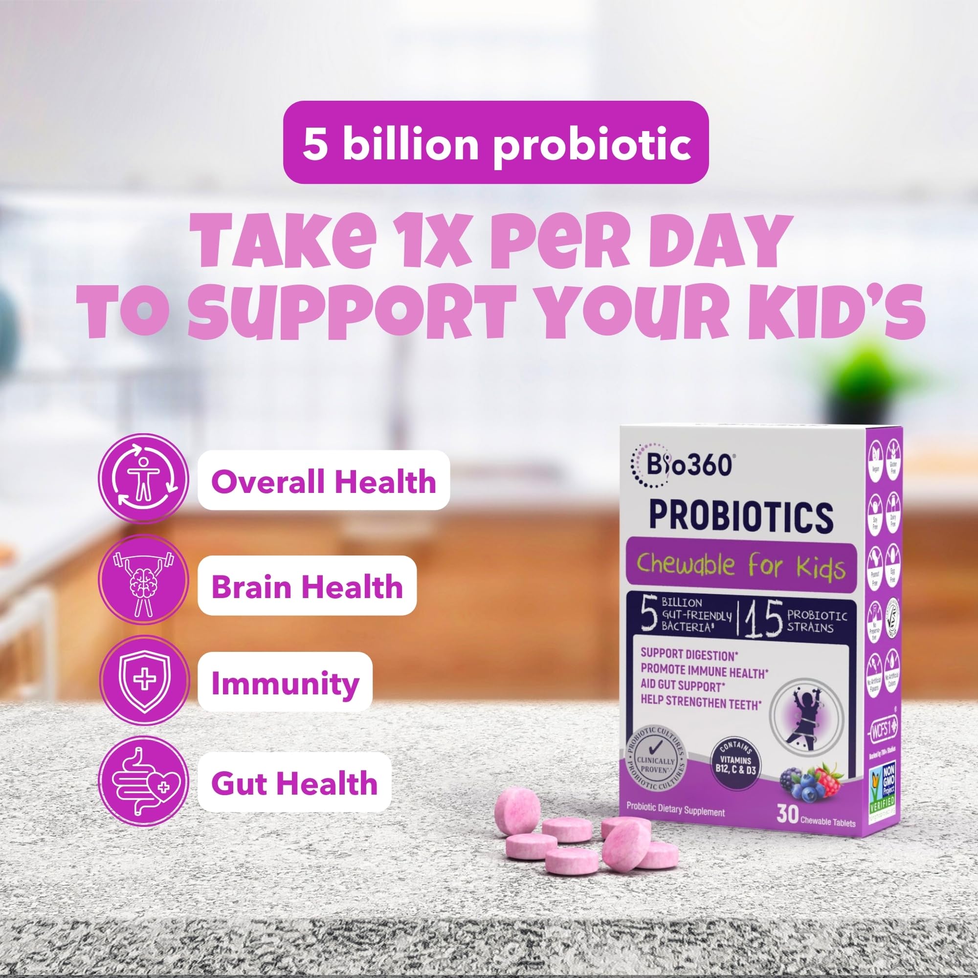 Vitamin D3, Vitamin C, and Vitamin B12 ingredients for kids in Bio360 product
