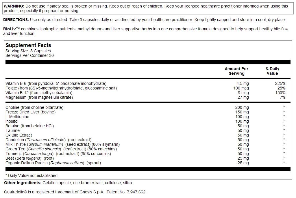 BioLiv Betaine HCl ingredients label