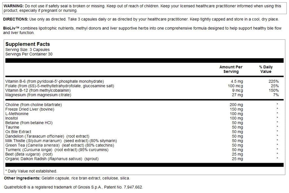 BioLiv Betaine HCl ingredients label