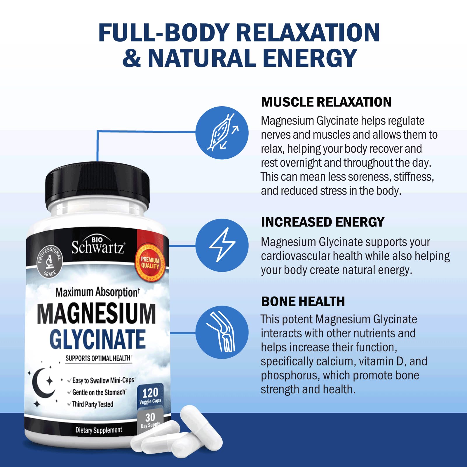 Benefits of BioSchwartz Magnesium Glycinate: supports sleep, nerves, muscles