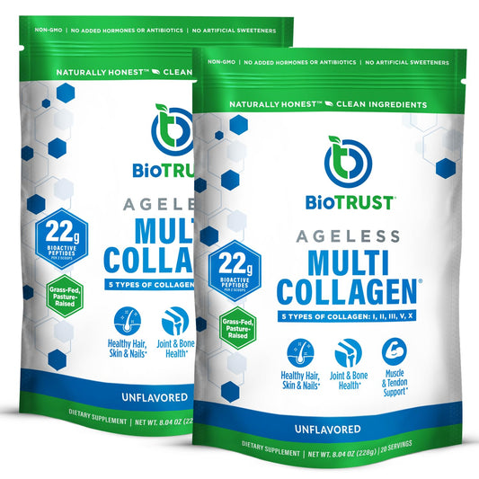 BioTrust Ageless Multi Collagen Powder container and packaging showing 5 collagen types