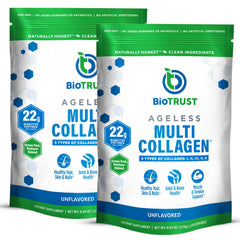 BioTrust Ageless Multi Collagen Powder container and packaging showing 5 collagen types