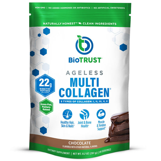Chocolate flavor of BioTrust Ageless Multi Collagen Powder showing five collagen types I II III V X