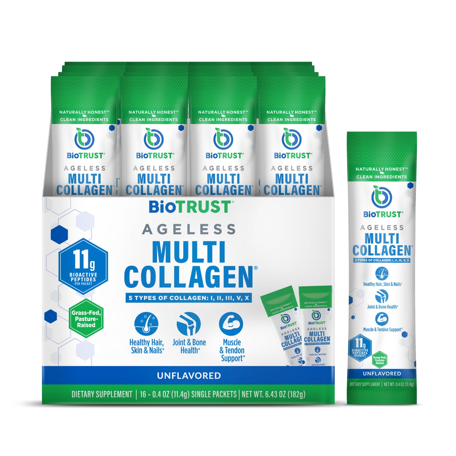 BioTrust Ageless Multi Collagen Peptides powder bottle and packaging