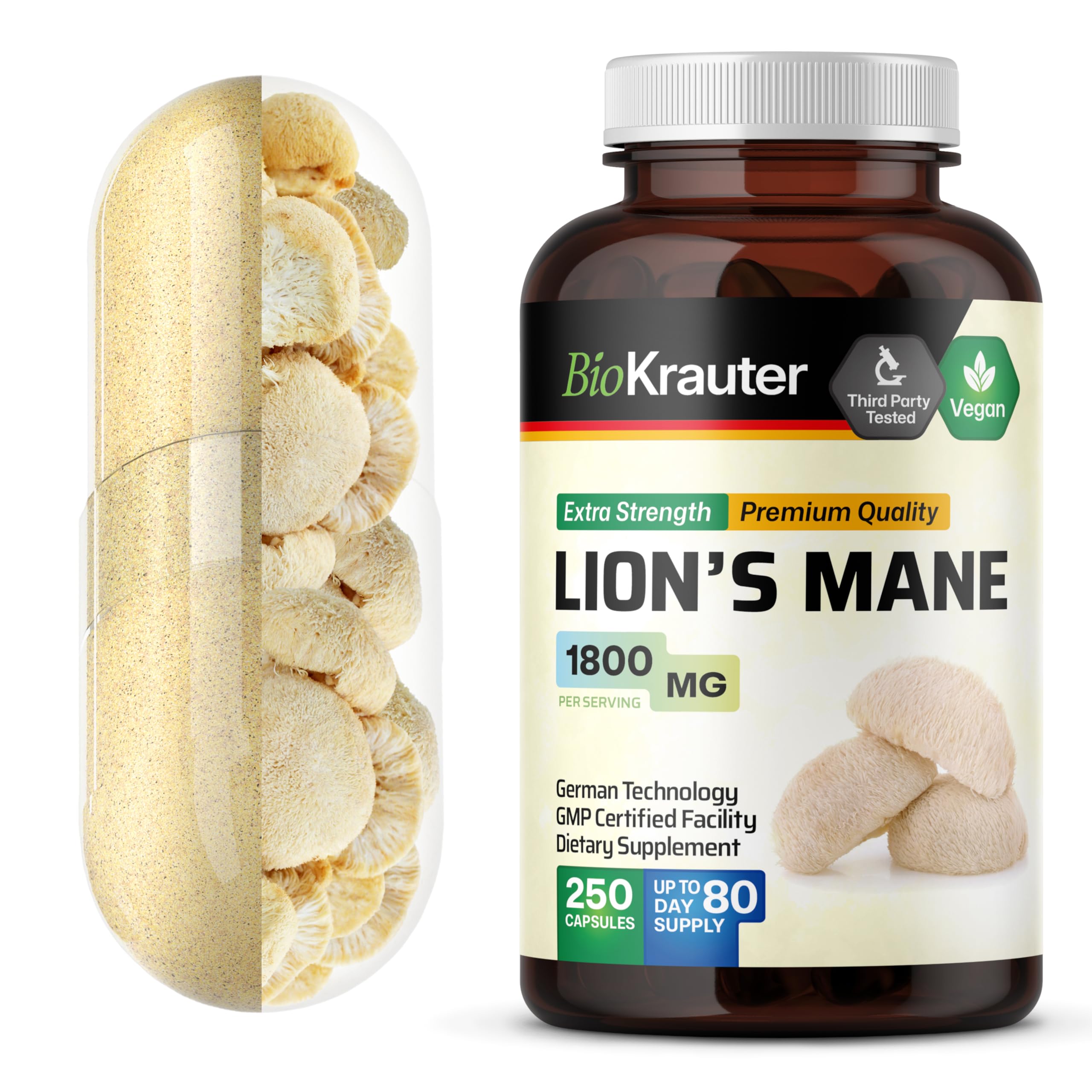 BIO KRAUTER Lions Mane Capsules bottle with 1800 mg label