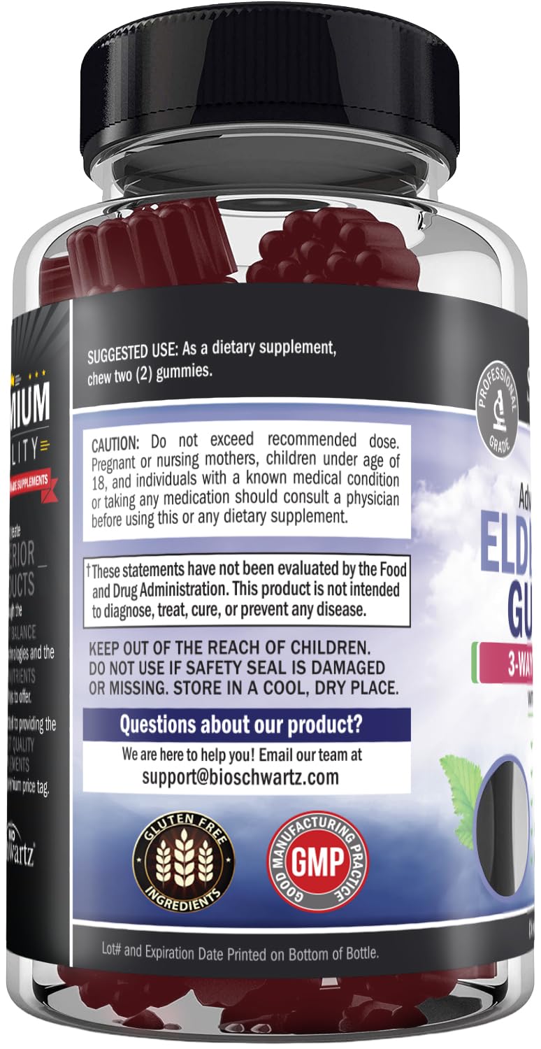 Reclosable 60-count bottle of BioSchwartz elderberry gummies