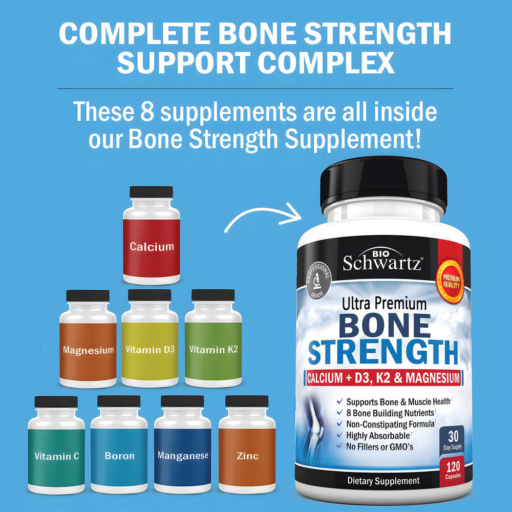Graphic showing calcium, magnesium, zinc, D3 and K2 for bone health