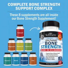 Graphic showing calcium, magnesium, zinc, D3 and K2 for bone health