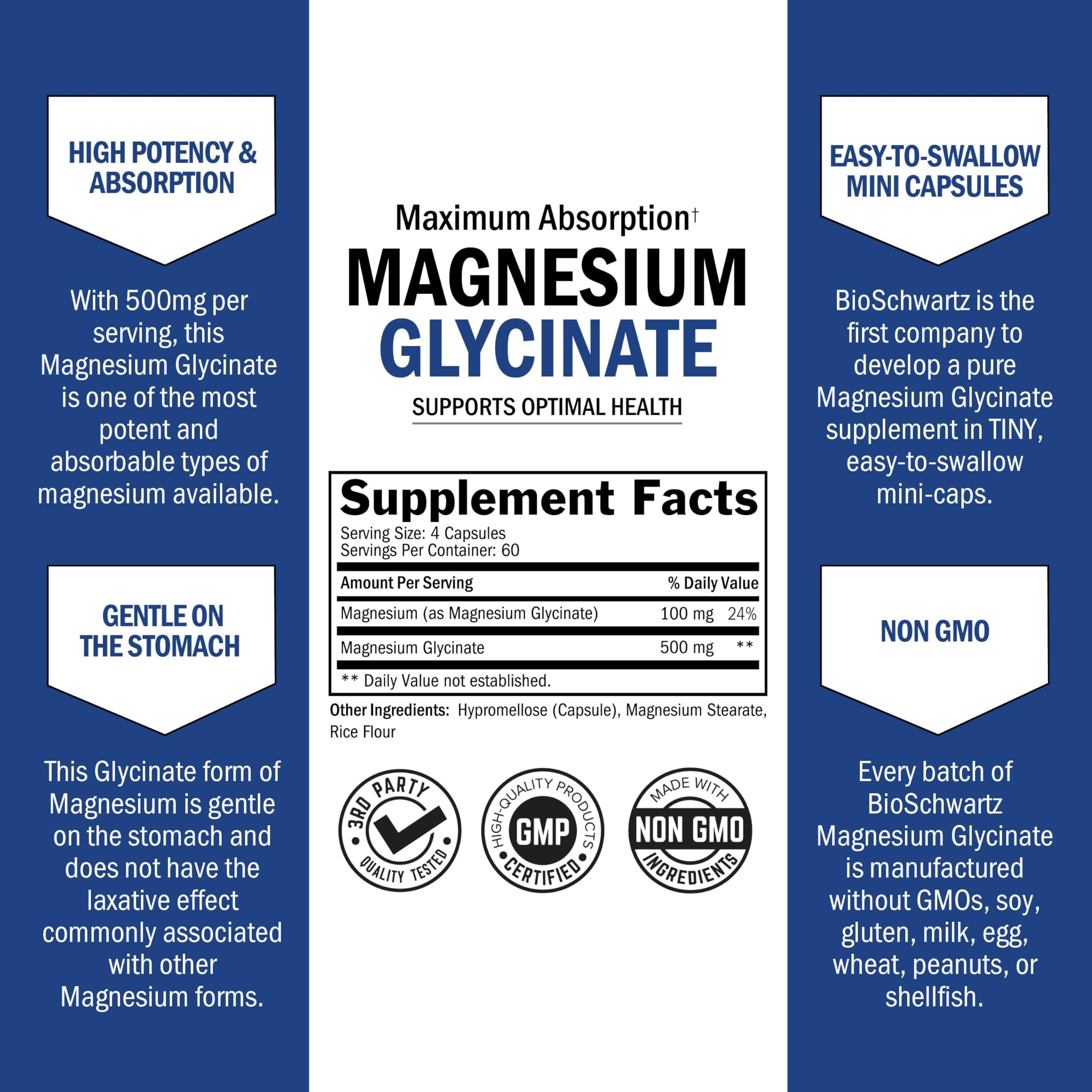 Front label of BioSchwartz Magnesium Glycinate 500mg bottle showing vegan gluten-free non GMO