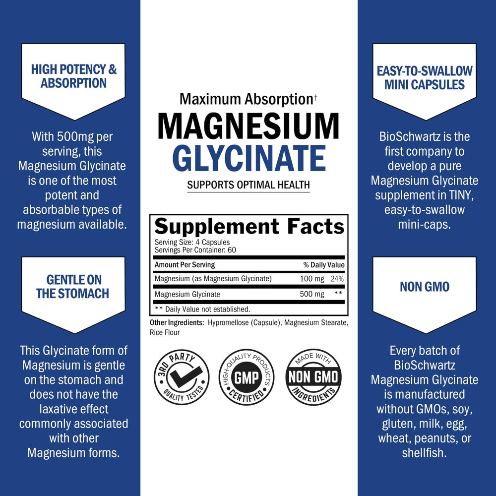 Front label of BioSchwartz Magnesium Glycinate 500mg bottle showing vegan gluten-free non GMO