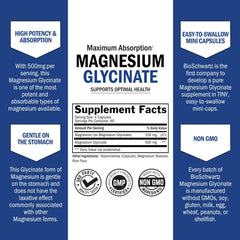 Front label of BioSchwartz Magnesium Glycinate 500mg bottle showing vegan gluten-free non GMO