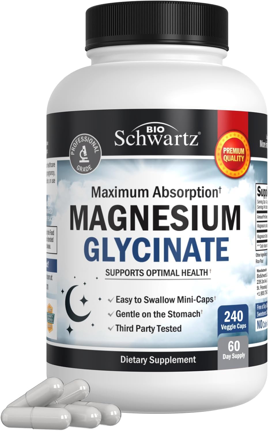 BioSchwartz Magnesium Glycinate 500mg capsules bottle on white background