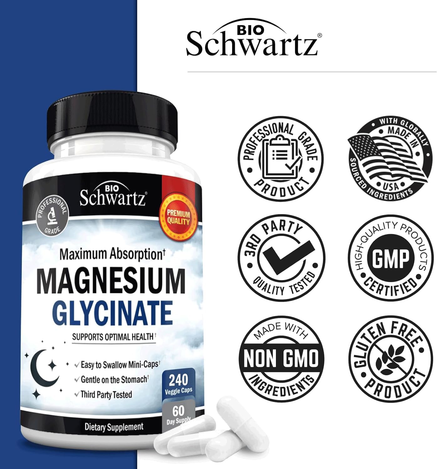 Nutrition facts panel for BioSchwartz Magnesium Glycinate 500mg