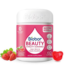 Biobor Beauty Gummies bottle containing 60 sugar-free biotin gummies