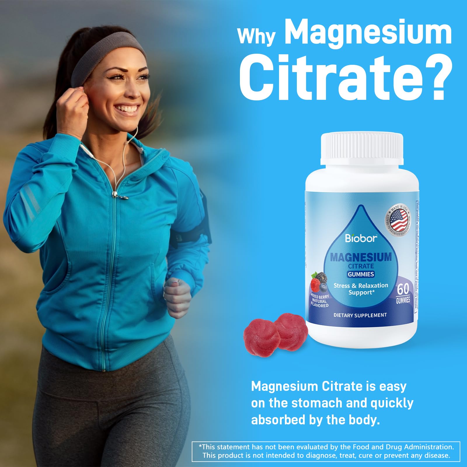 Biobor Magnesium Citrate Gummies 60-count bottle back with nutrition
