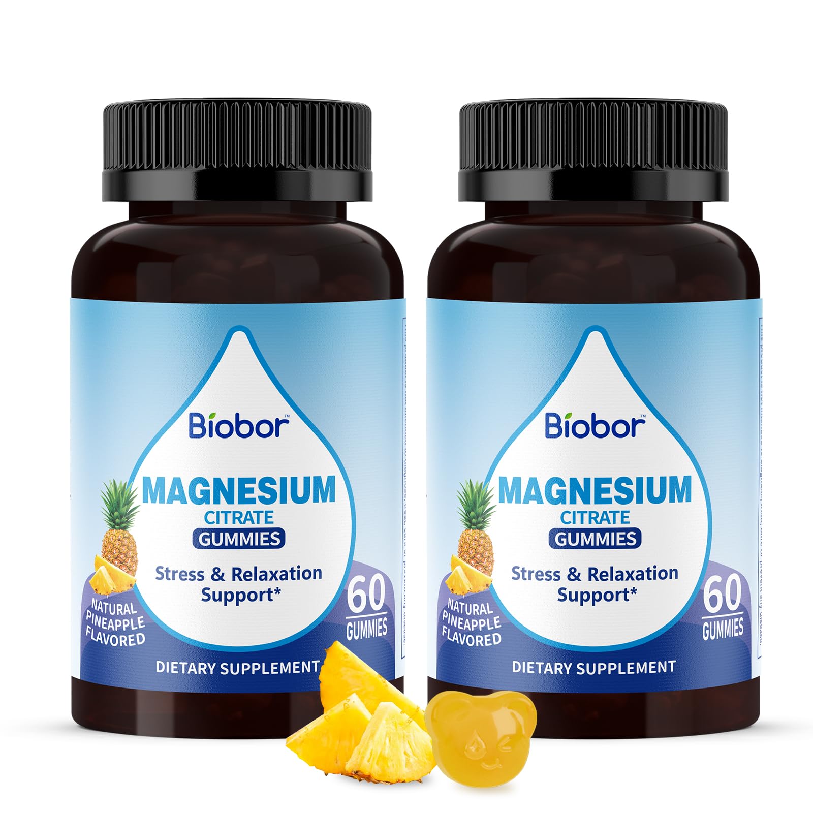 Front view of Biobor Potassium Magnesium Gummies pineapple flavor bottle