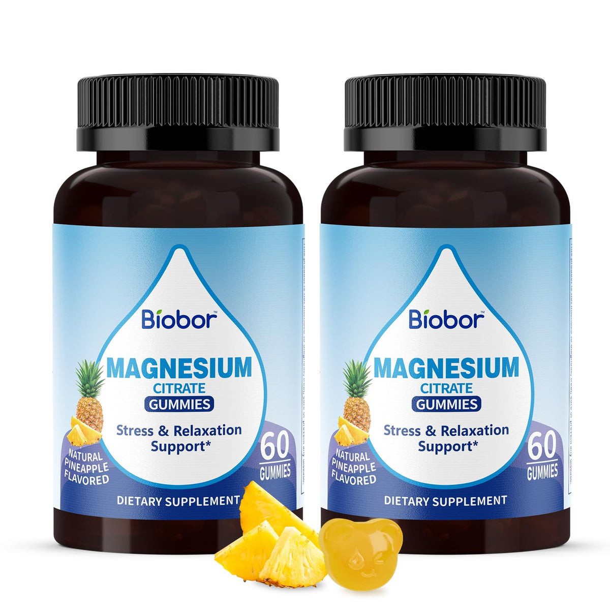 Front view of Biobor Potassium Magnesium Gummies pineapple flavor bottle