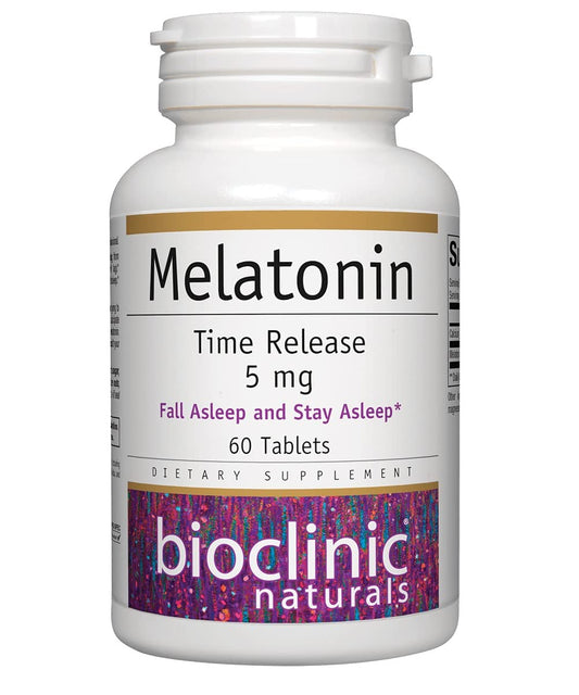 Bioclinic Naturals Melatonin Time Release bottle with 60 tablets on white
