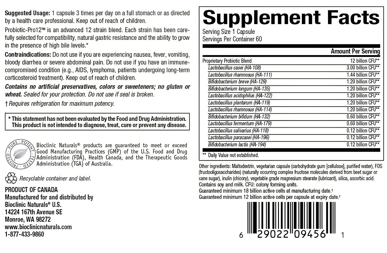 Packaging showing Probiotic-Pro 12 bottle with prebiotic FOS inulin and 60 vegetarian capsules