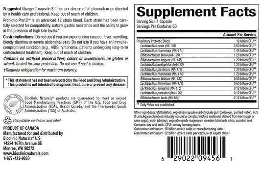 Packaging showing Probiotic-Pro 12 bottle with prebiotic FOS inulin and 60 vegetarian capsules