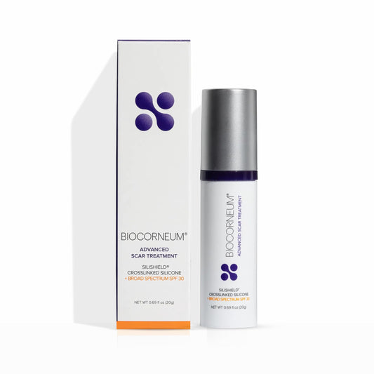 Biocorneum bottle with SPF30 label protects scars from sun exposure