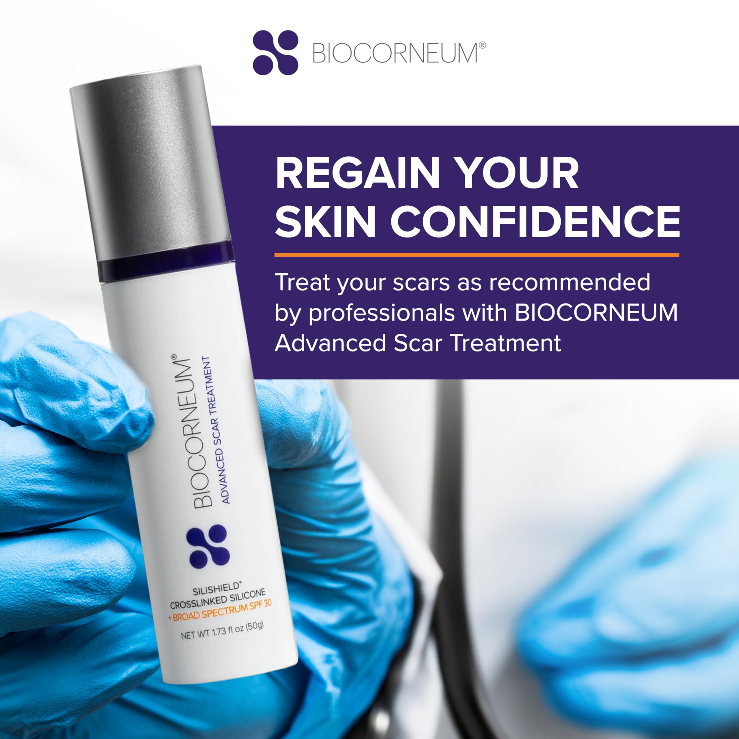 BIOCORNEUM packaging-50g-tube demonstrates convenient tube for daily scar routine.
