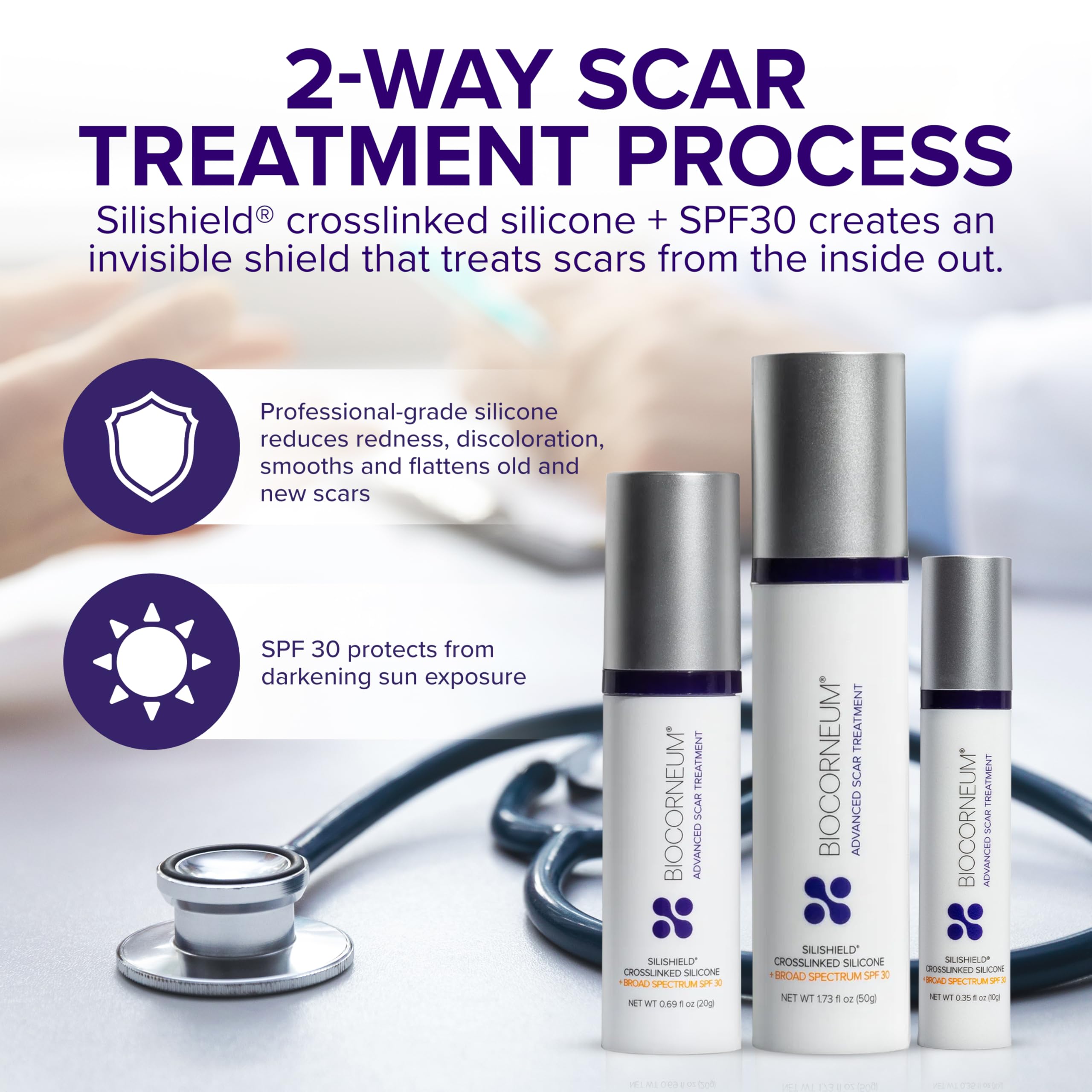 BIOCORNEUM scar-treatment-layer-protection highlights protective silicone layer maintaining skin appearance.