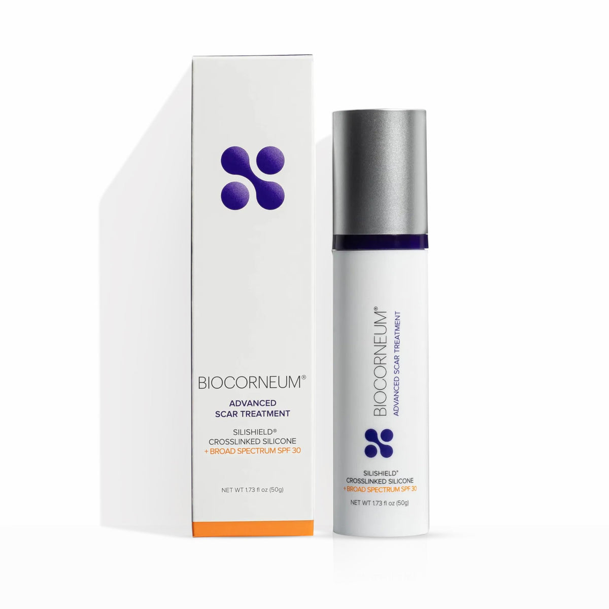 BIOCORNEUM Silishield bottle shows advanced silicone shield for daily scar care.