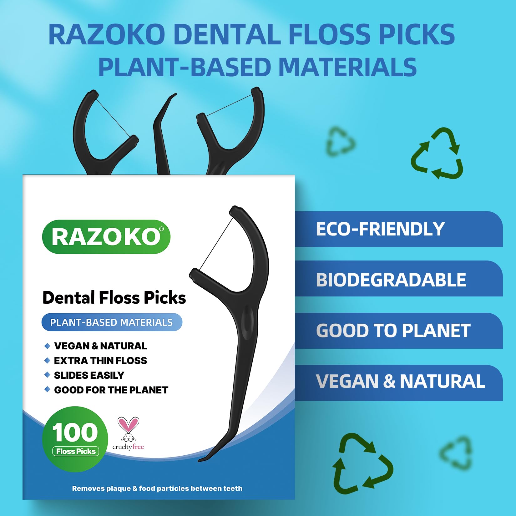 Close-up of a biodegradable floss pick showing materials