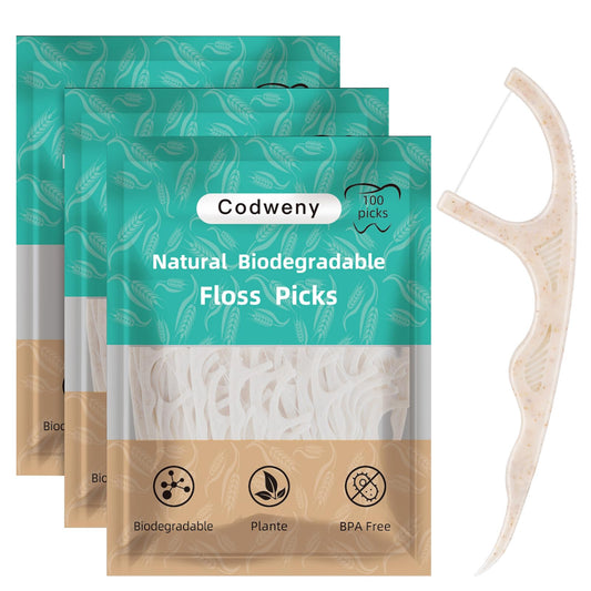 Biodegradable dental floss picks 300 count in eco-friendly straw starch packaging