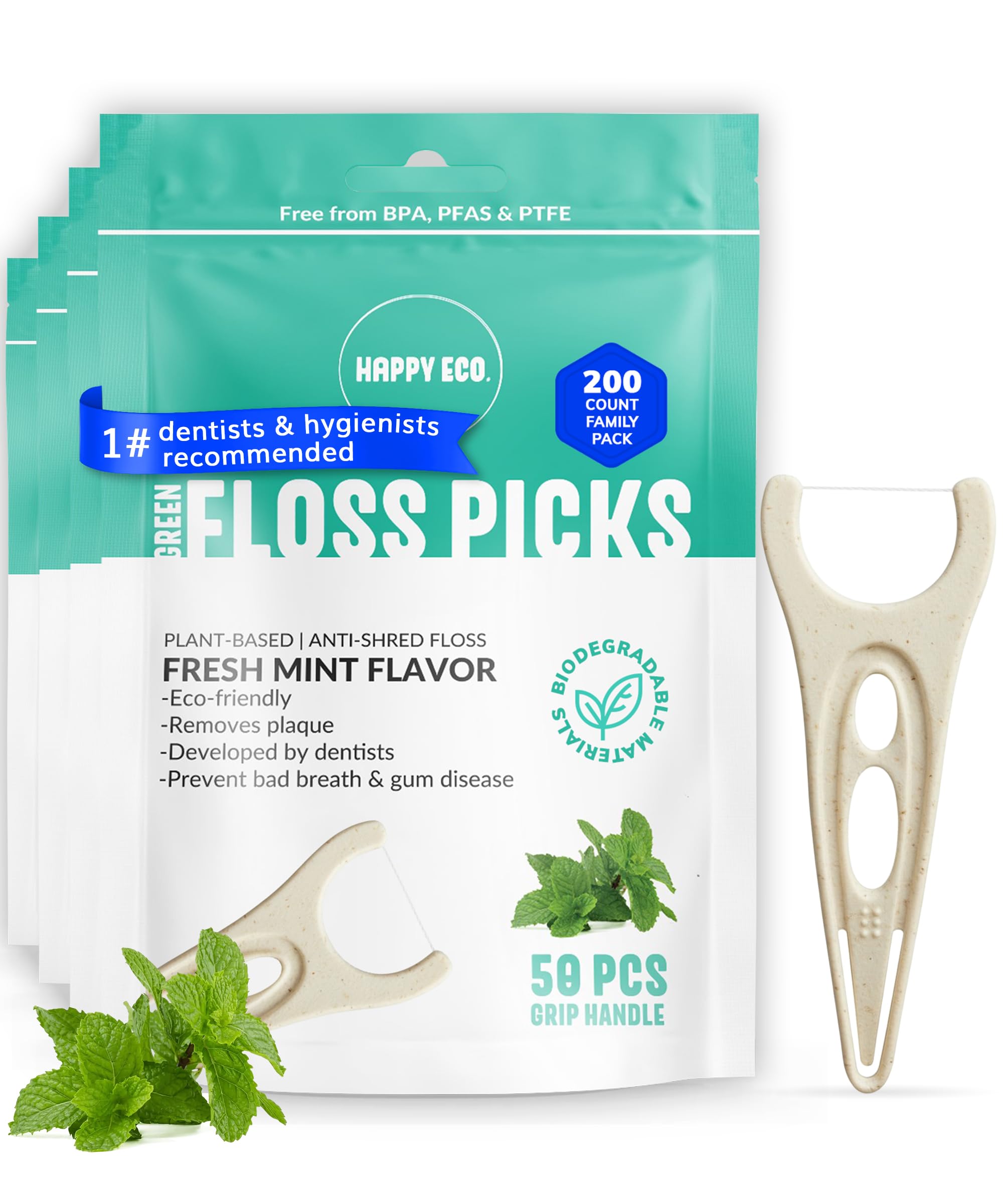 Biodegradable floss picks with mint flavor - 200 pieces, plant-based