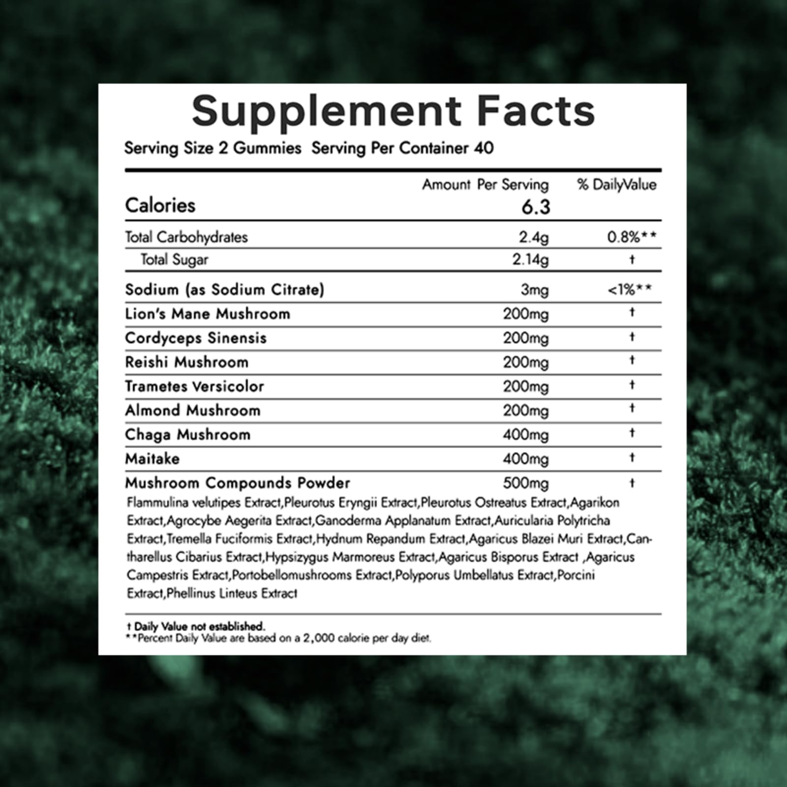 Close-up of mushroom blend ingredients in gummies